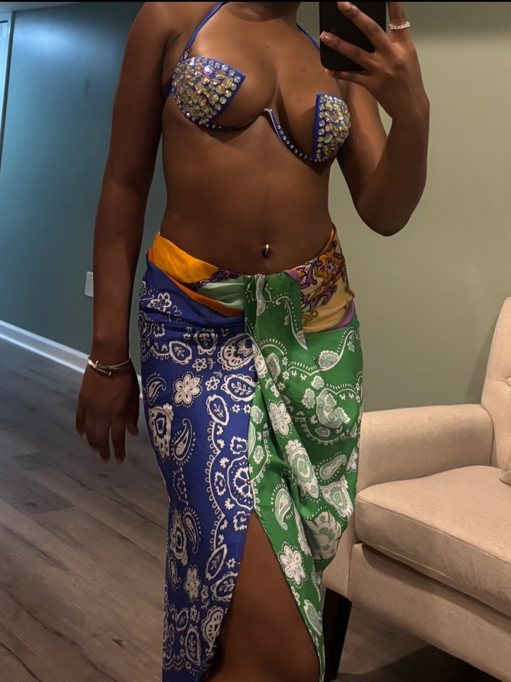 Women’s Green & Blue Bandana Sarong Wrap Skirt - Swim Cover + Blue Kini Set